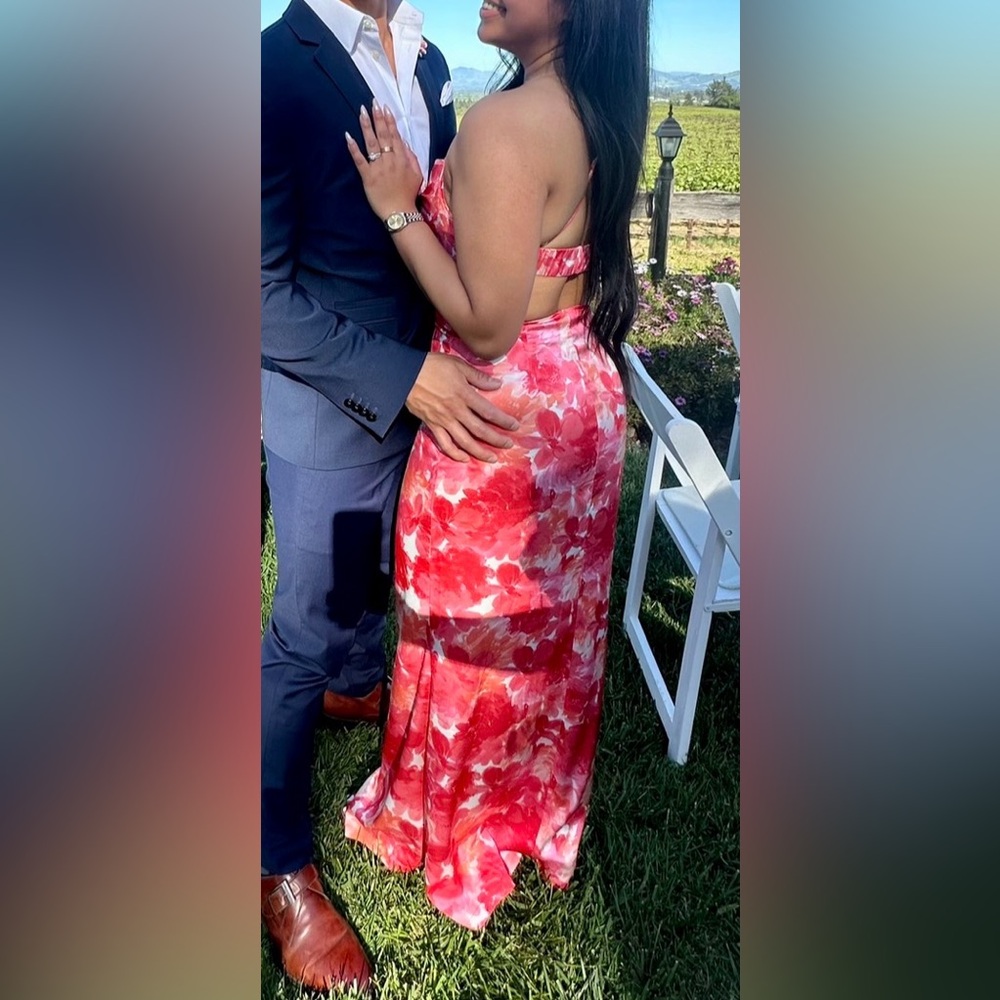 Floral Pink Red Maxi Dress with Cutout Back